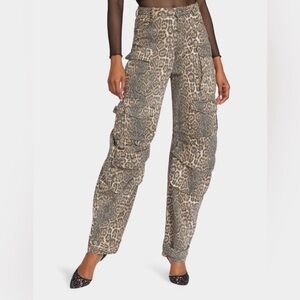 Betsey Johnson Leopard Print Wide Leg Barrel Cargo Jeans Large Baggy NWT Straigh